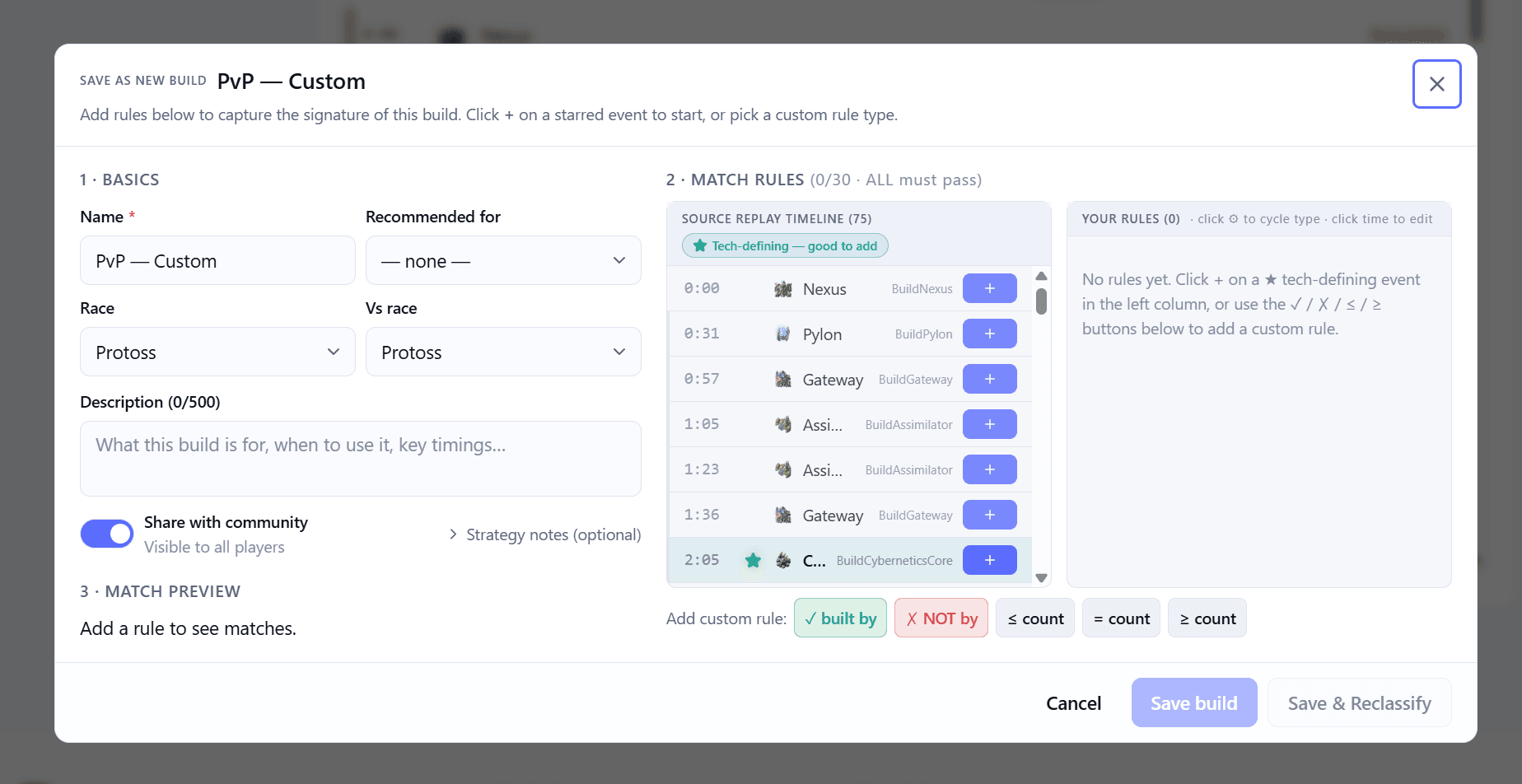 Save-as-new-build editor with the source replay timeline on the left and one-click rule promotion buttons