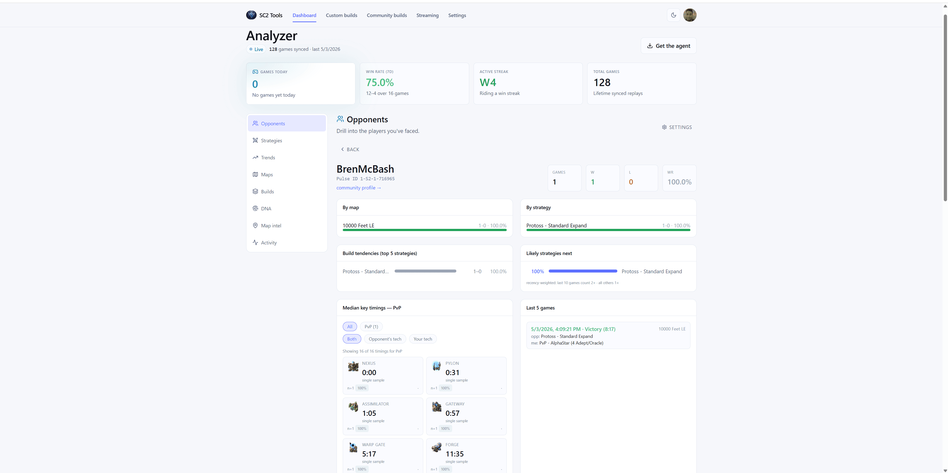 Opponent profile in SC2 Tools showing head-to-head record, build tendencies, and median key timings