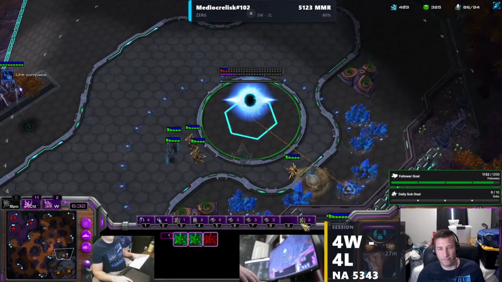 StarCraft II gameplay with the SC2 Tools live OBS overlay running — opponent identity card, session record, and rematch flag