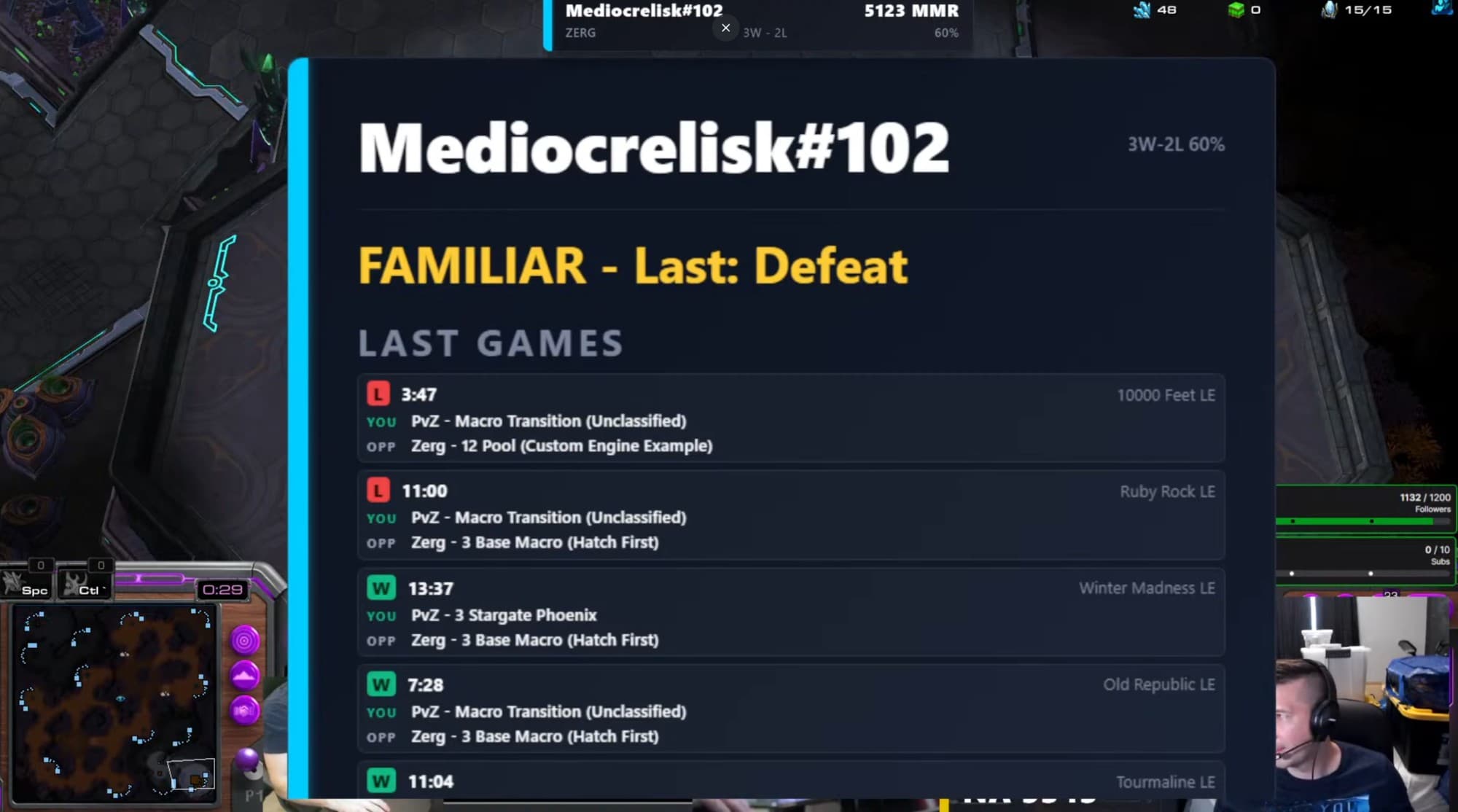 Stream overlay rematch widget — opponent name, MMR, FAMILIAR / Last Defeat tag, and a list of recent games